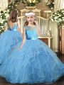 Baby Blue Backless Little Girls Pageant Dress Ruffles Sleeveless Floor Length