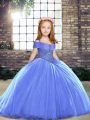 Admirable Blue Lace Up Straps Beading Kids Pageant Dress Tulle Sleeveless Brush Train