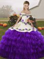 Modest White And Purple Sleeveless Floor Length Embroidery and Ruffled Layers Lace Up Quinceanera Gowns