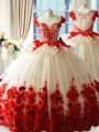 High End Sleeveless Tulle Brush Train Zipper Sweet 16 Dress in White And Red with Hand Made Flower