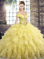 Exquisite Yellow Organza Lace Up 15 Quinceanera Dress Sleeveless Brush Train Beading and Ruffles