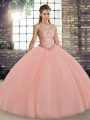 Peach Ball Gowns Tulle Scoop Sleeveless Embroidery Floor Length Lace Up 15th Birthday Dress