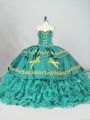 Lace Up Quince Ball Gowns Turquoise for Sweet 16 and Quinceanera with Embroidery and Ruffled Layers Brush Train