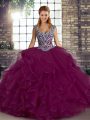 Colorful Fuchsia Sleeveless Beading and Ruffles Floor Length Quince Ball Gowns