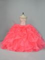 Extravagant Watermelon Red Organza Lace Up Ball Gown Prom Dress Sleeveless Beading and Ruffles
