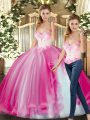 Fuchsia Sleeveless Floor Length Beading Lace Up Quince Ball Gowns