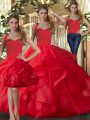 Noble Three Pieces Quinceanera Dress Red Halter Top Tulle Sleeveless Floor Length Lace Up