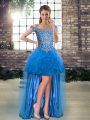 Sumptuous High Low Lace Up Prom Dresses Blue for Prom and Party with Beading and Ruffles