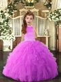 Lilac Ball Gowns Beading and Ruffles Girls Pageant Dresses Backless Tulle Sleeveless Floor Length