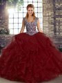 Fancy Wine Red Lace Up Sweet 16 Dresses Beading and Ruffles Sleeveless Floor Length