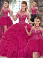 Hot Sale Fuchsia Quinceanera Gowns Military Ball and Sweet 16 and Quinceanera with Beading and Ruffles Halter Top Sleeveless Lace Up