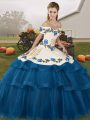 Hot Sale Sleeveless Tulle Brush Train Lace Up Quinceanera Gown in Blue with Embroidery and Ruffled Layers