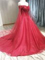 Coral Red Sleeveless Tulle Court Train Zipper Wedding Dresses for Wedding Party