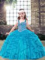 Super Beading and Ruffles Girls Pageant Dresses Blue Lace Up Sleeveless Floor Length