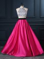 Two Pieces Hoco Dress Hot Pink Scoop Satin Sleeveless Floor Length Lace Up