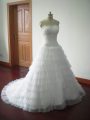 Hot Sale Tulle Sweetheart Sleeveless Brush Train Lace Up Beading and Ruffled Layers Wedding Dresses in White