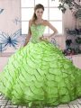 Delicate Sleeveless Ruffled Layers Lace Up 15 Quinceanera Dress with Yellow Green Brush Train