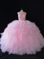 Clearance Floor Length Baby Pink 15th Birthday Dress Organza Sleeveless Beading