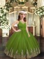 Olive Green Sleeveless Floor Length Appliques Zipper Little Girl Pageant Gowns