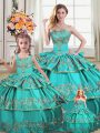 Aqua Blue Sleeveless Embroidery and Ruffled Layers Floor Length Quinceanera Gowns
