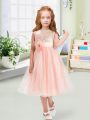Sleeveless Tea Length Sequins and Hand Made Flower Zipper Flower Girl Dress with Baby Pink