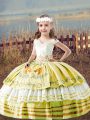 Off The Shoulder Sleeveless Lace Up Little Girl Pageant Gowns Yellow Satin
