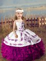 Embroidery and Ruffles Little Girls Pageant Dress Wholesale Fuchsia Lace Up Sleeveless Floor Length