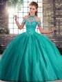 Sleeveless Tulle Brush Train Lace Up Quinceanera Gown in Turquoise with Beading