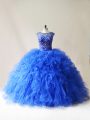 Low Price Royal Blue Scoop Neckline Beading and Ruffles 15th Birthday Dress Sleeveless Lace Up