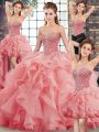 Beautiful Watermelon Red Sweetheart Neckline Beading and Ruffles Sweet 16 Quinceanera Dress Sleeveless Lace Up