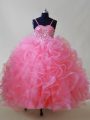 Pink Spaghetti Straps Neckline Beading and Ruffles Little Girls Pageant Dress Wholesale Sleeveless Lace Up
