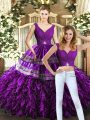 V-neck Sleeveless Organza Quinceanera Gowns Beading and Embroidery and Ruffles Backless
