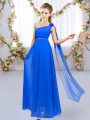 Modest Beading and Hand Made Flower Wedding Guest Dresses Royal Blue Lace Up Sleeveless Floor Length