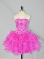 Ideal Ball Gowns Club Wear Fuchsia Strapless Organza Sleeveless Mini Length Lace Up