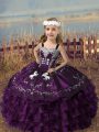 Most Popular Straps Sleeveless Girls Pageant Dresses Floor Length Embroidery and Ruffled Layers Dark Purple Organza