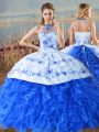 Embroidery and Ruffles Quinceanera Gowns Royal Blue Lace Up Sleeveless Court Train