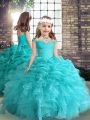 Aqua Blue Sleeveless Organza Side Zipper Kids Pageant Dress for Party and Wedding Party