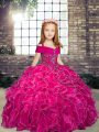 Floor Length Fuchsia Child Pageant Dress Organza Sleeveless Beading and Ruffles