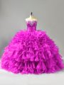 Fitting Purple Ball Gowns Sweetheart Sleeveless Organza Floor Length Lace Up Beading and Ruffles and Sequins 15 Quinceanera Dress