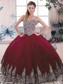 Custom Fit Burgundy Tulle Side Zipper Quinceanera Gowns Sleeveless Floor Length Beading and Embroidery