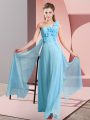 Fitting Aqua Blue Chiffon Lace Up One Shoulder Sleeveless Floor Length Quinceanera Court of Honor Dress Hand Made Flower