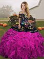 Elegant Fuchsia Ball Gowns Organza Off The Shoulder Sleeveless Embroidery and Ruffles Floor Length Lace Up Sweet 16 Dresses