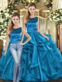 Custom Fit Scoop Sleeveless Lace Up Quinceanera Gown Teal Organza