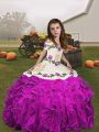 Floor Length Lace Up Kids Pageant Dress Fuchsia for Party and Wedding Party with Embroidery and Ruffles