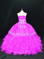 Fuchsia Ball Gowns Organza Strapless Sleeveless Embroidery and Ruffles Floor Length Lace Up Quinceanera Dresses