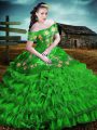 Green Off The Shoulder Lace Up Embroidery and Ruffles Quince Ball Gowns Sleeveless