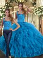 Sweet Blue Two Pieces Tulle Halter Top Sleeveless Ruffles Floor Length Lace Up Sweet 16 Dresses