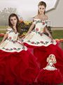 Glamorous White And Red 15th Birthday Dress Military Ball and Sweet 16 and Quinceanera with Embroidery and Ruffles Off The Shoulder Sleeveless Lace Up