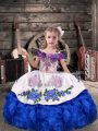 Simple Floor Length Royal Blue Girls Pageant Dresses Off The Shoulder Sleeveless Lace Up
