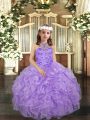 Floor Length Lace Up Little Girl Pageant Dress Lavender for Party and Wedding Party with Beading and Ruffles